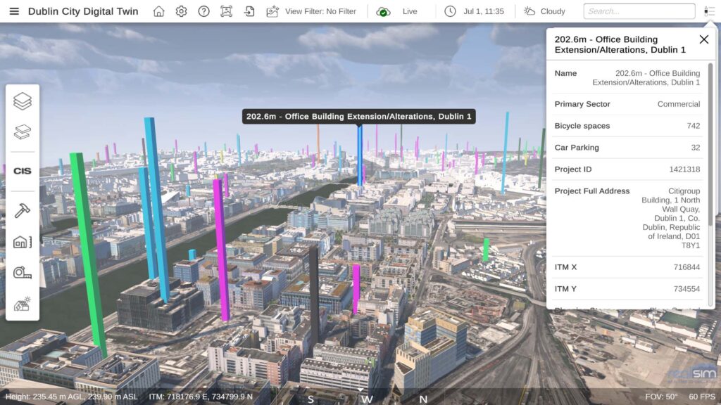 RealSim EnviroSim Web Pro showing planning application data over the Dublin Docklands digital twin