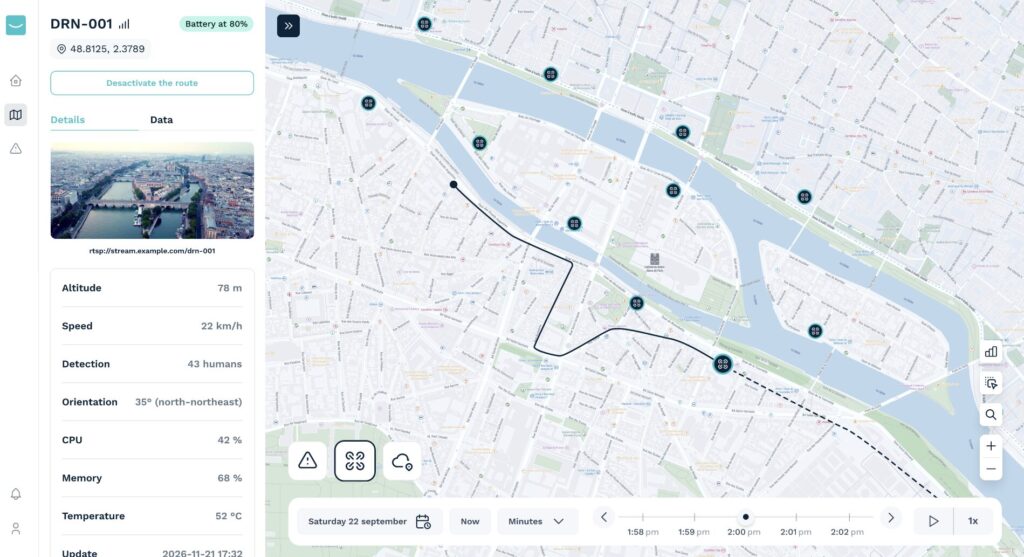 Drones registered and tracked through the pilot's monitoring platform