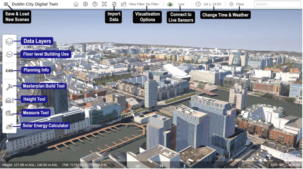 The new EnviroSim Web Pro interface with the Dublin Docklands digital twin loaded