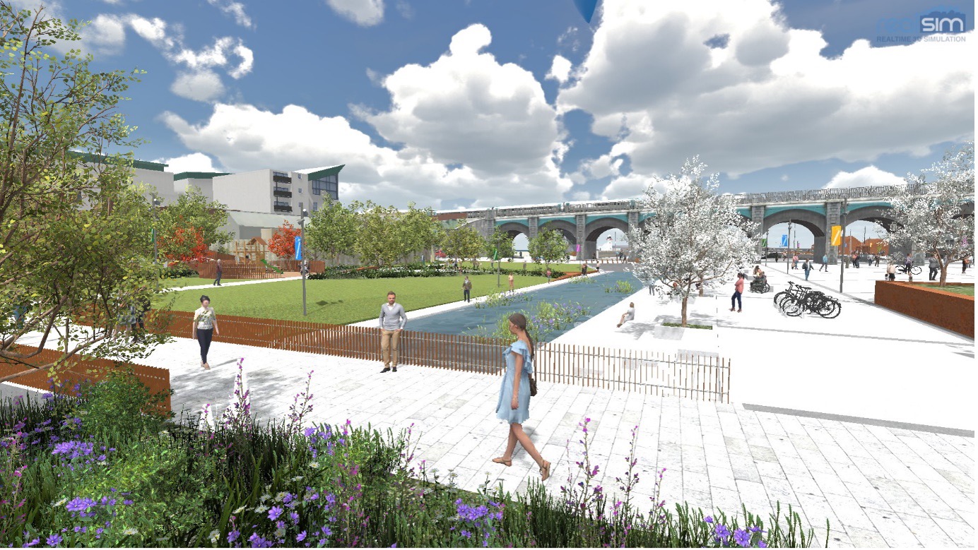 RealSim 3D model of the proposed Balbriggan harbour square, with lawns, a water channel, planting and the railway viaduct behind