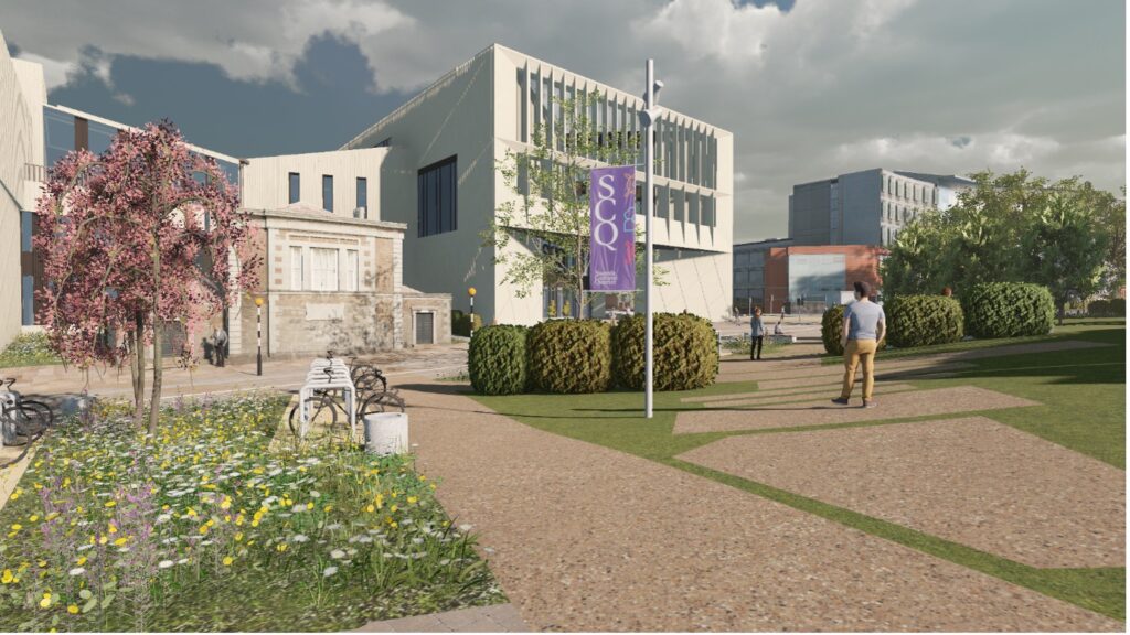 RealSim 3D model of the Swords Cultural Quarter and new civic building, with a landscaped path and an SCQ banner