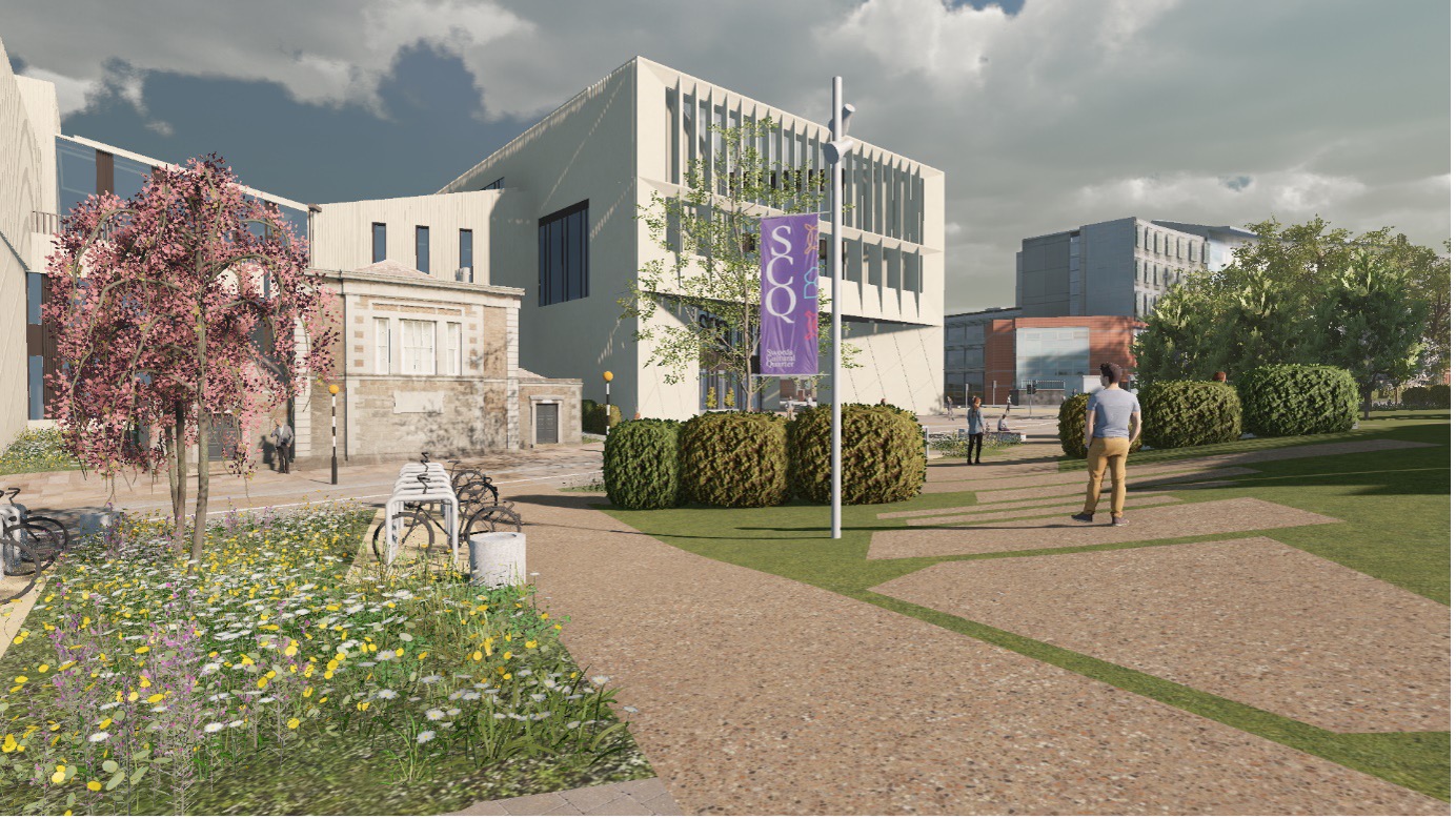 RealSim 3D model of the Swords Cultural Quarter and new civic building, with a landscaped path and an SCQ banner