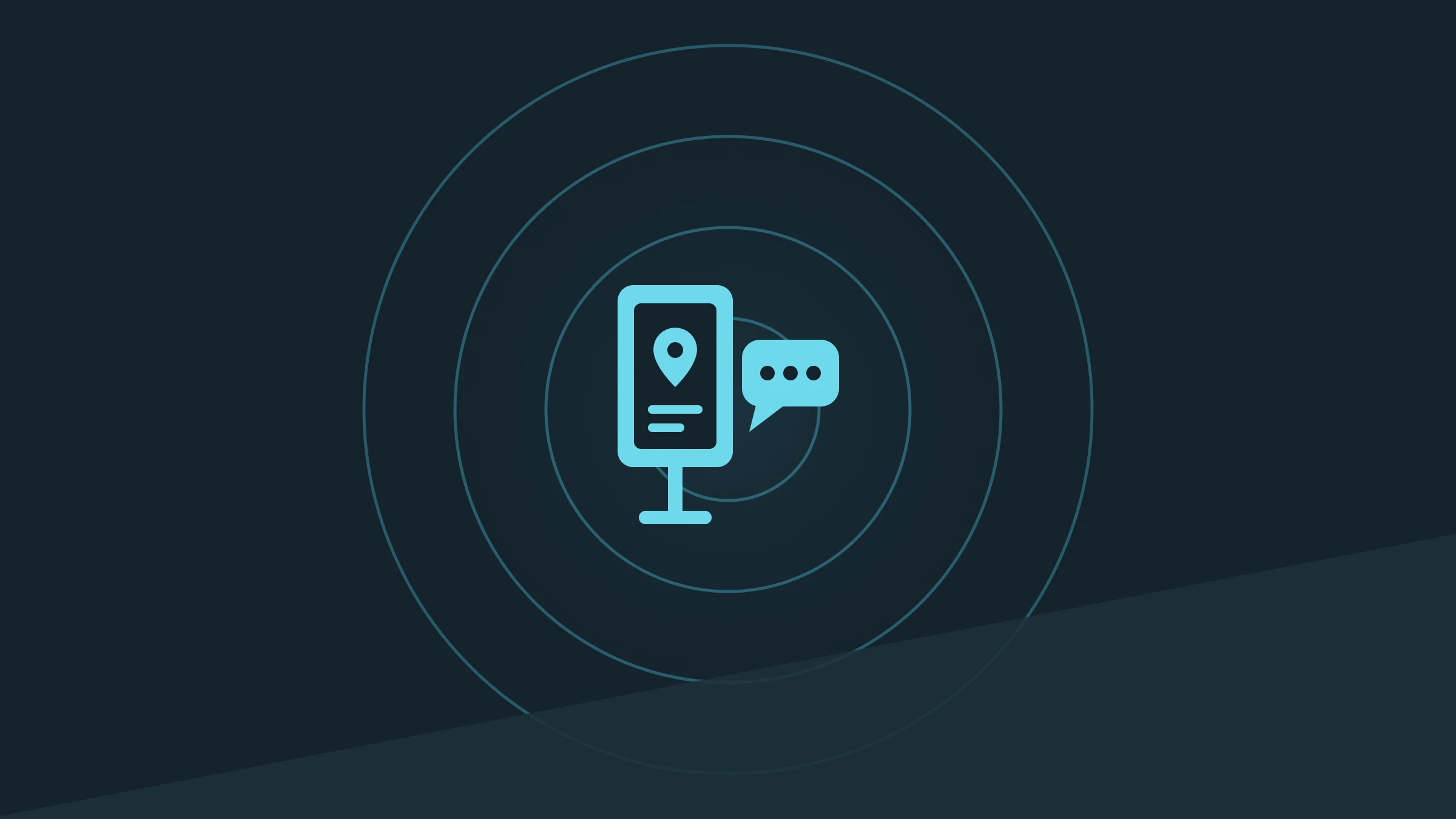 Digital signage screen with a location pin beside a chat bubble, inside concentric rings on a dark background