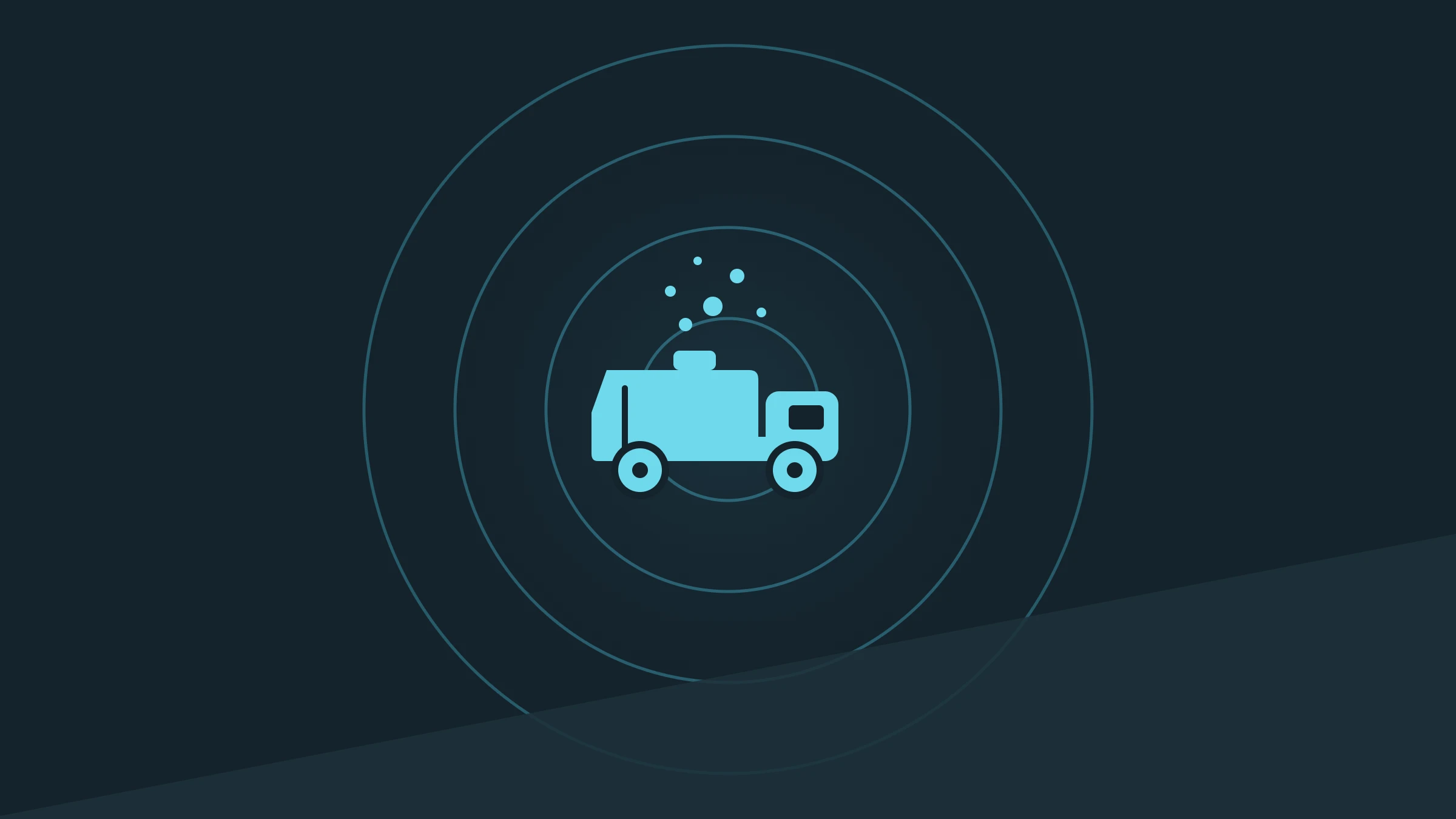Refuse collection truck icon with a roof-mounted sensor and air particles, inside concentric rings on a dark background
