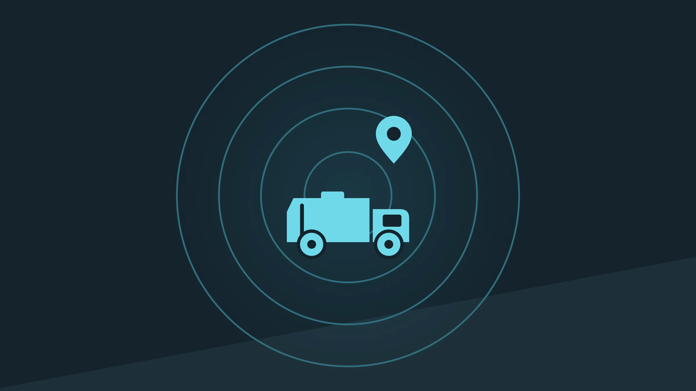 Garbage truck icon with a GPS location pin, inside concentric rings on a dark background