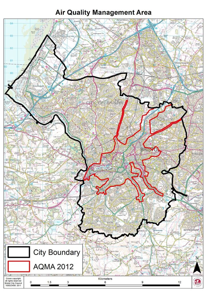 Map of Bristol showing the city boundary in black and the 2012 Air Quality Management Area in red, covering the city centre and main radial roads