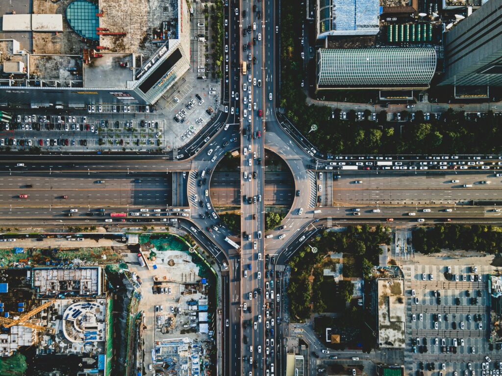 Aerial view of a busy city intersection