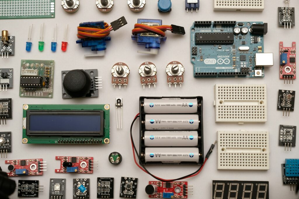 Flat lay of a circuit board with electronic components