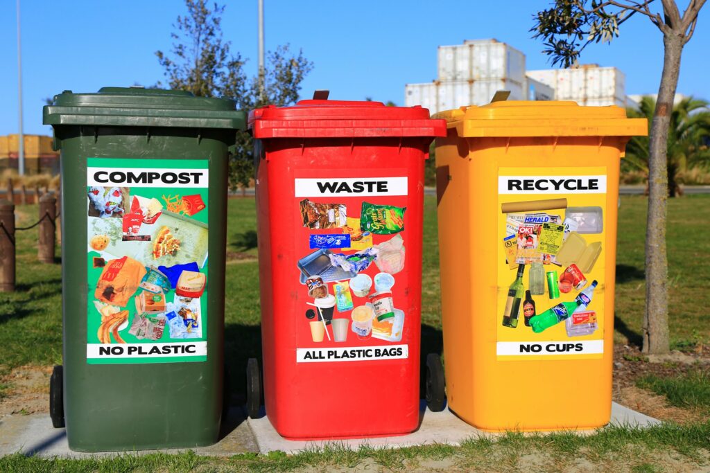 Red, yellow and green waste bins