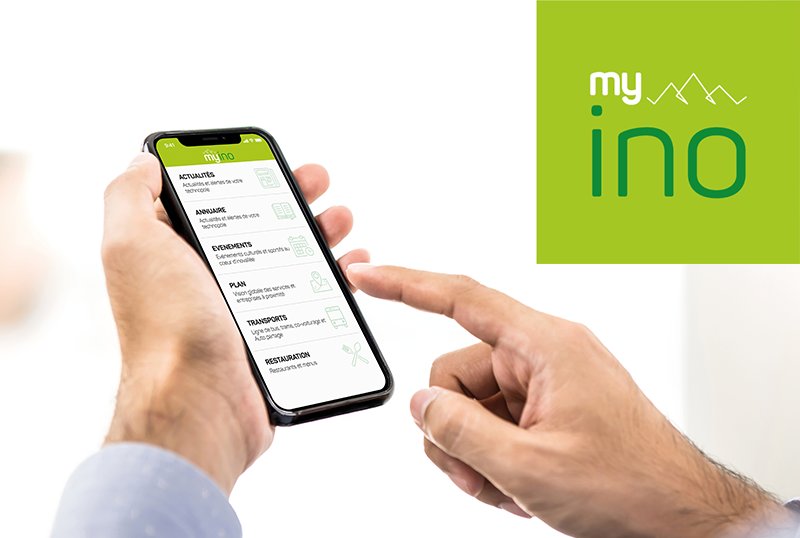 MyIno App on a smartphone, showing news, directory, events, map, transport and restaurant sections