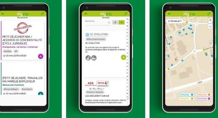 MyIno App screens: events listing, company directory and interactive park map