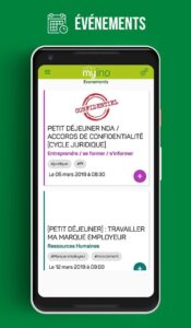 MyIno App events screen listing professional breakfasts in the park