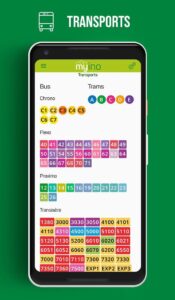 MyIno App transport screen listing Grenoble bus and tram lines