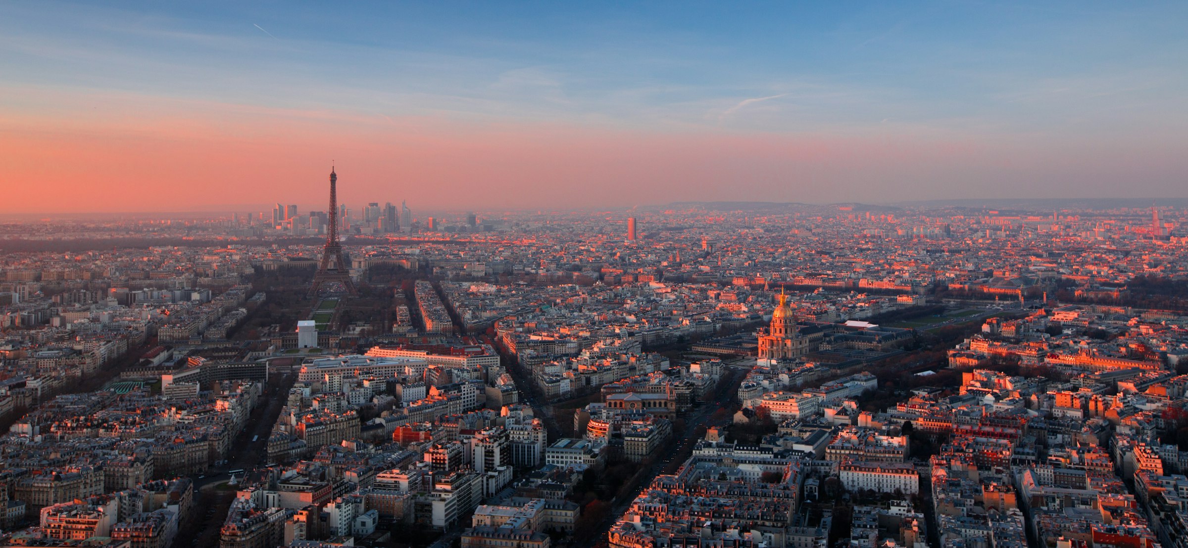 Aerial view of the Eiffel Tower and Les Invalides in Paris at golden hour