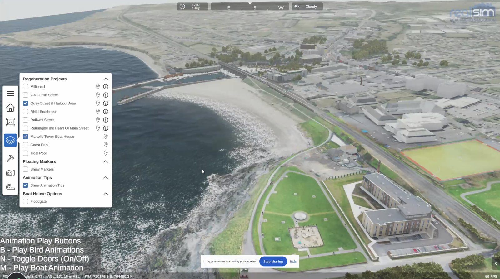 RealSim digital twin of Balbriggan showing regeneration projects along the harbour