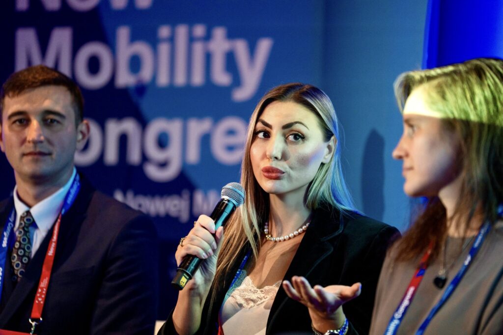 Dr Maryna Gorobei of UTA answering a question during the panel at the New Mobility Congress